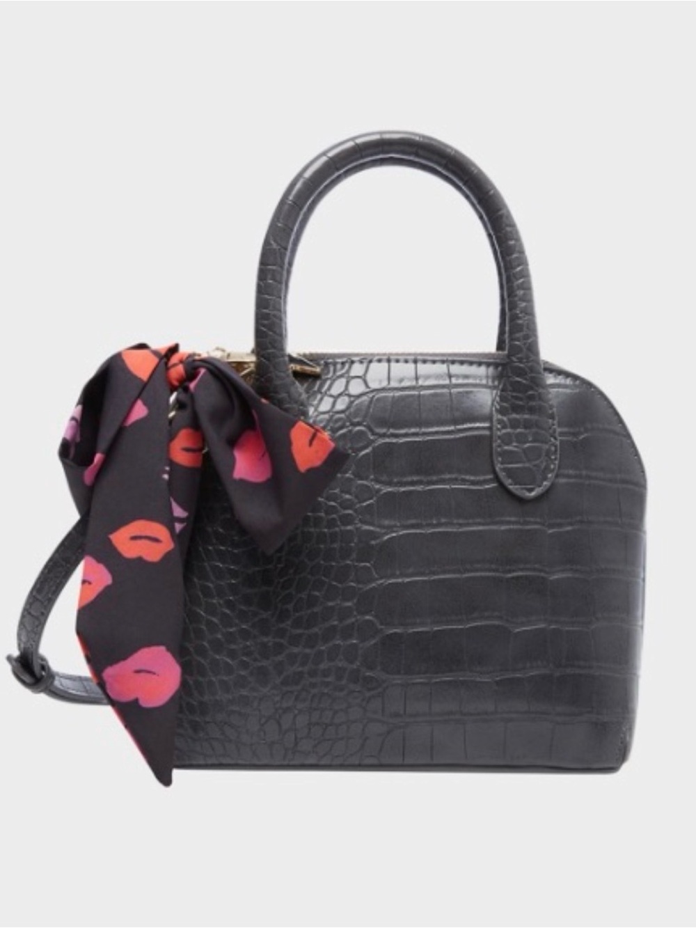 Betsey Johnson Black Croc-Embossed Mini Satchel with Lip-Print Scarf